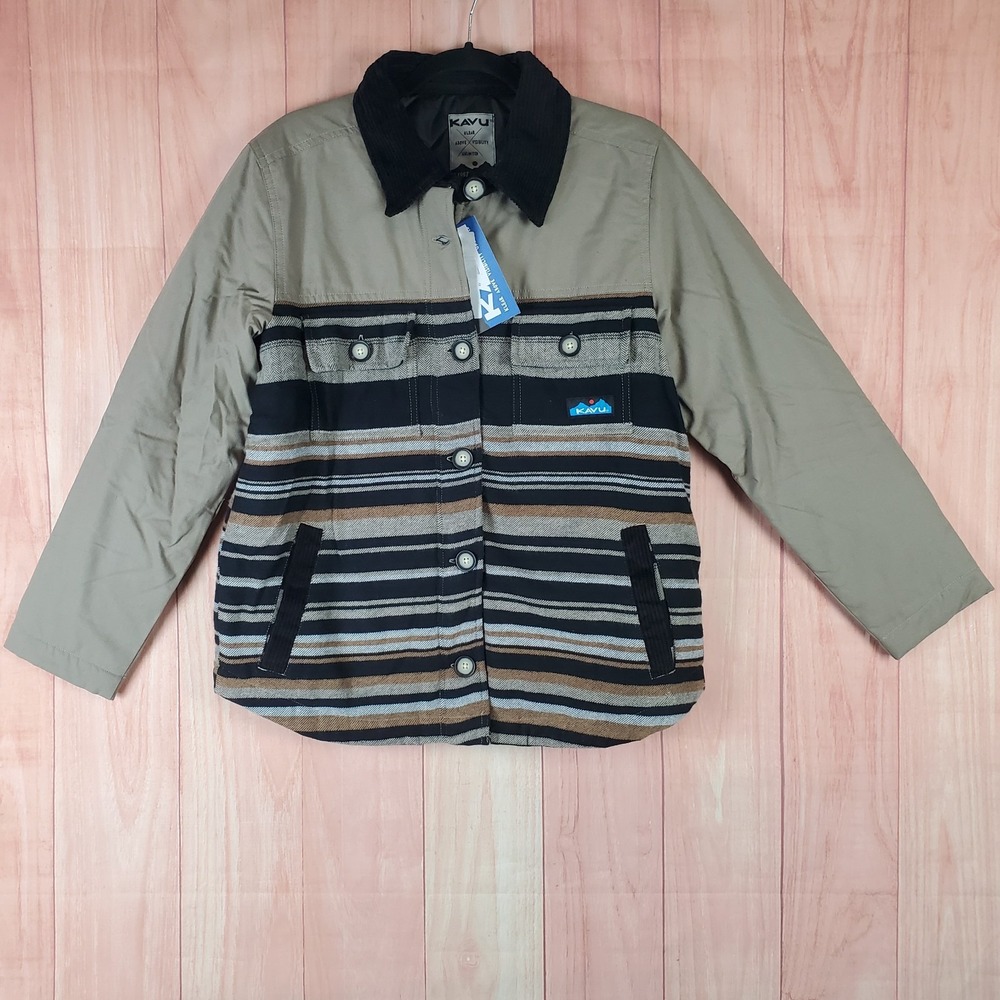 Kavu Zaltana Jacket Women Medium Striped Twill Cotton‎ Logo Button Front